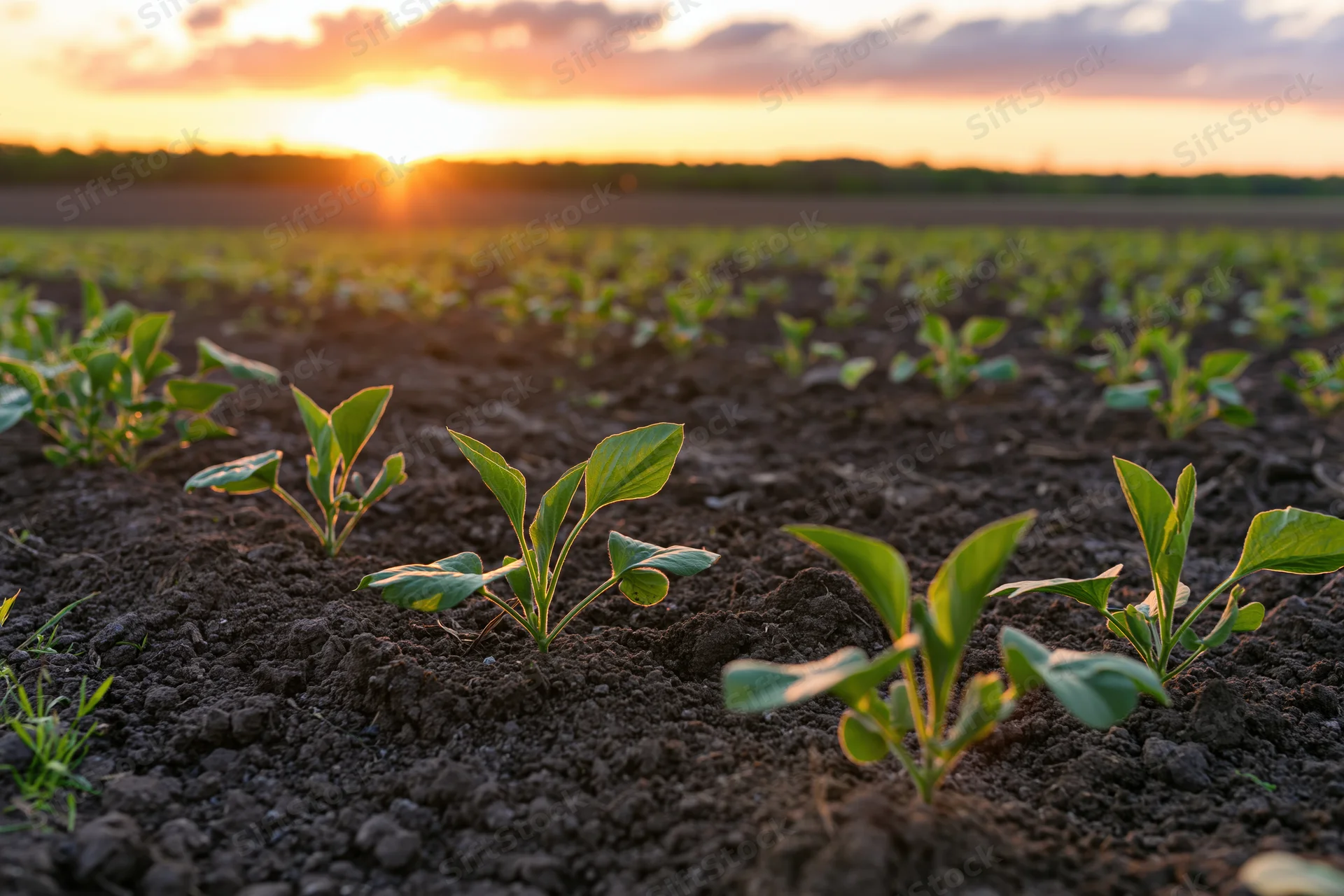 Young seedlings growing in rows of dark tilled soil at sunrise