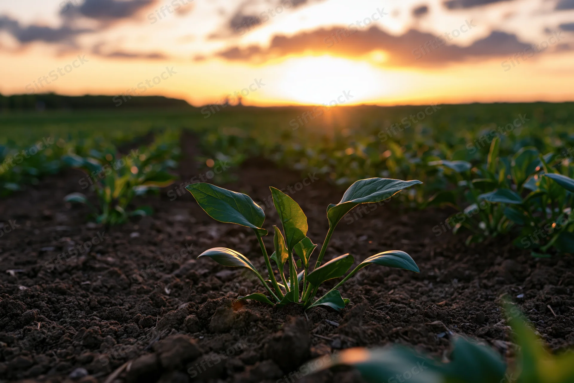 Young seedlings emerging from dark tilled soil in rows at sunset in a field