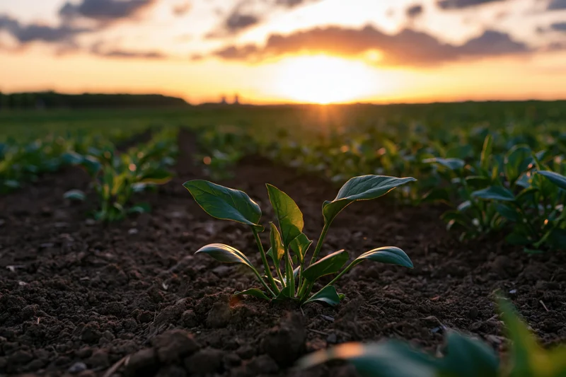 Young seedlings emerging from dark tilled soil in rows at sunset in a field