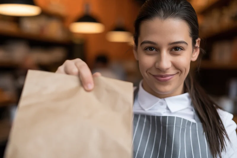 Woman in striped apron holding kraft paper takeout bag in cafe interior