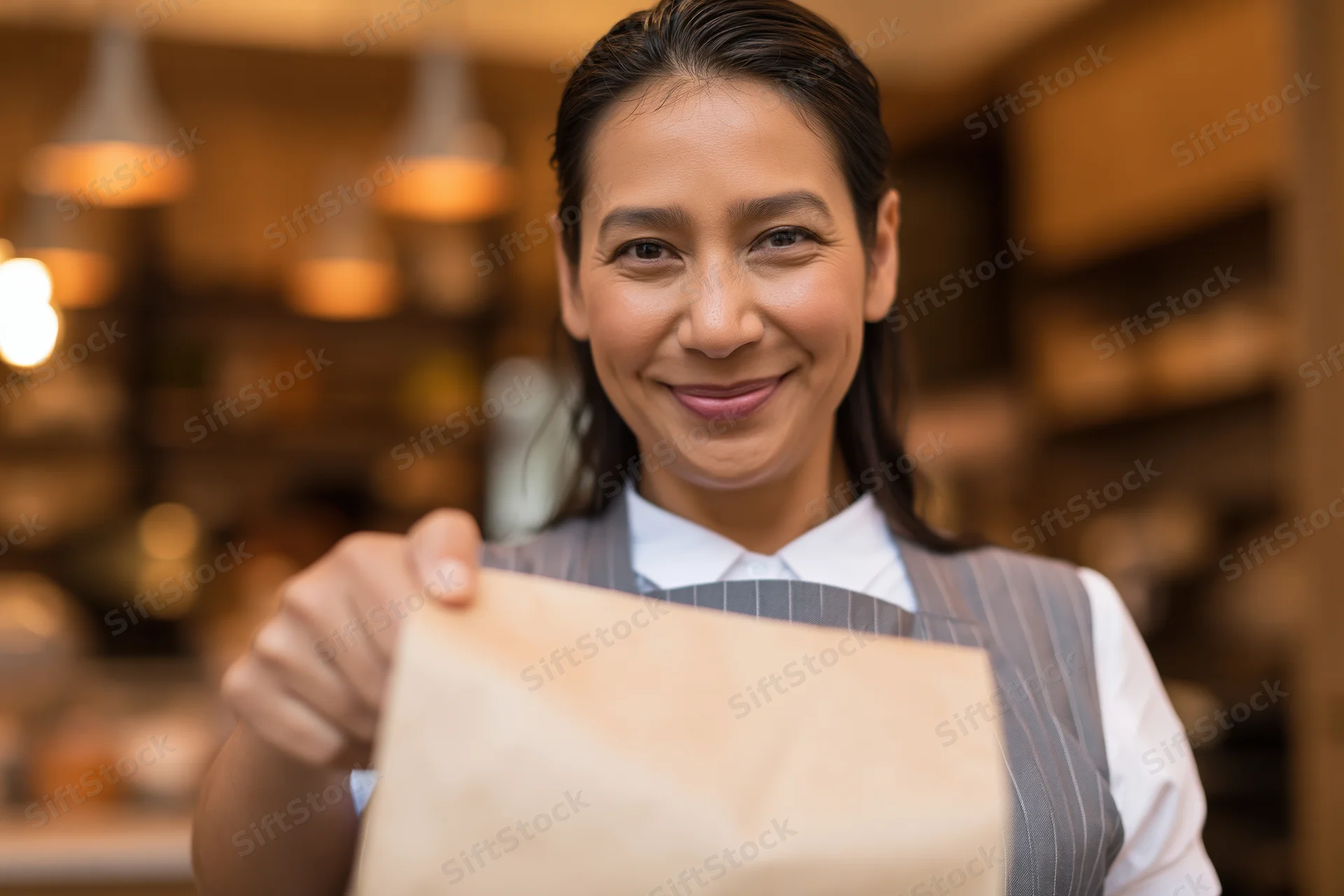 Woman in apron holding kraft paper takeout bag in cafe interior
