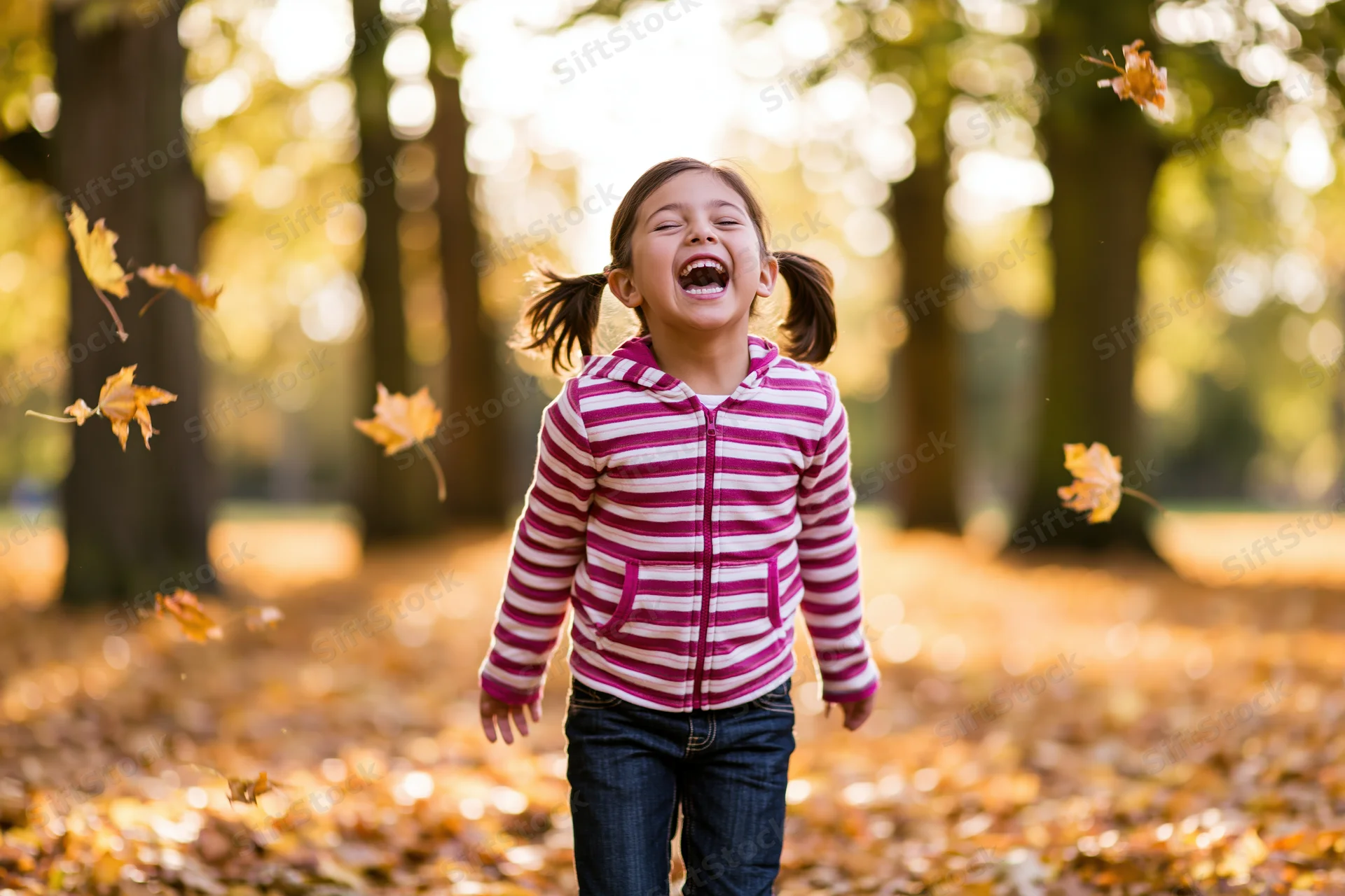 Young girl laughing with mouth open in a park covered in autumn leaves