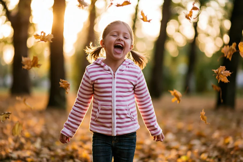 Young girl laughing with mouth open as autumn leaves fall around her in a sunlit park