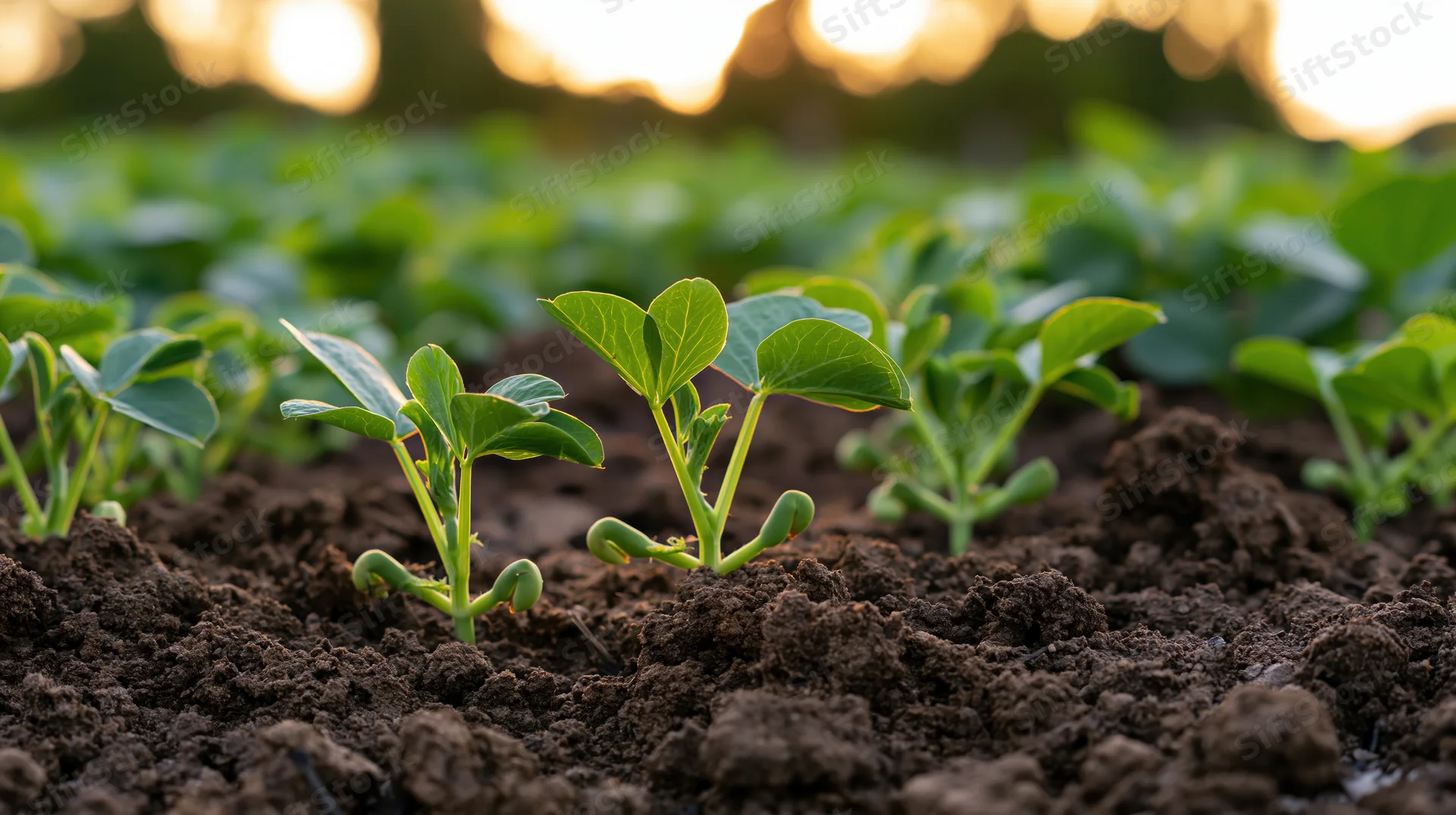 Young green seedlings sprouting from dark soil in a garden field at golden hour