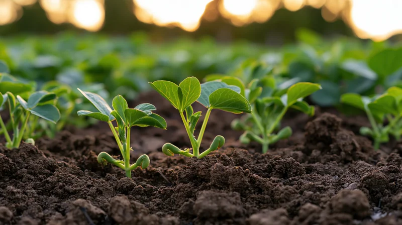 Young green seedlings sprouting from dark soil in a garden field at golden hour