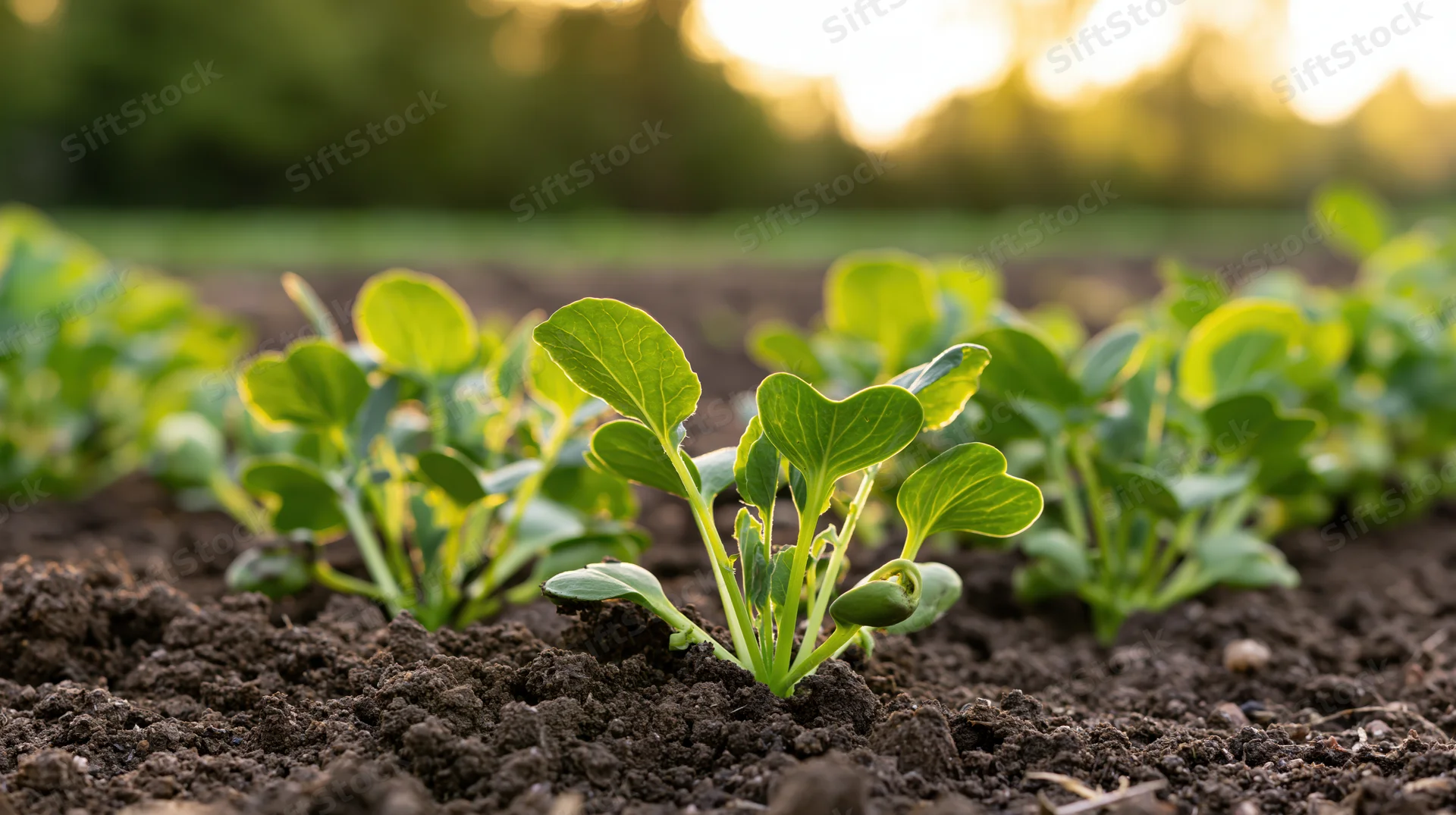 Young leafy green seedlings growing in rows in dark soil at sunrise