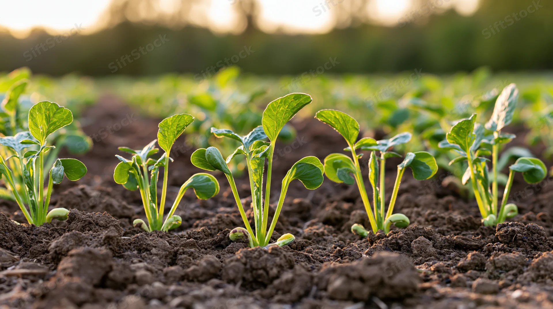 Young green seedlings growing in neat rows in dark soil under morning light