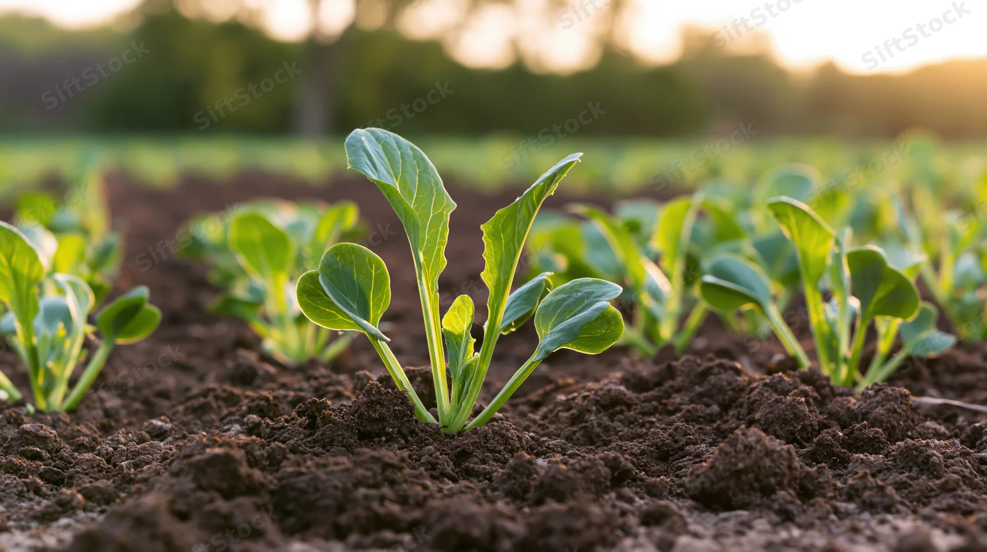 Young leafy green seedlings growing in rows in dark soil at sunrise