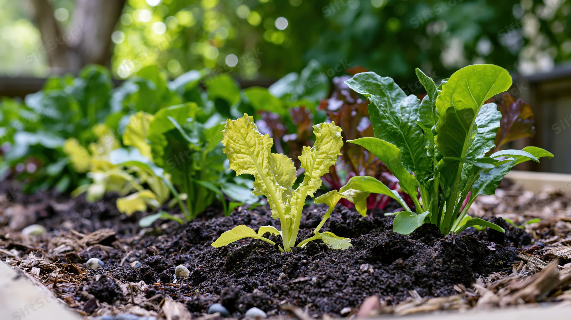 Young lettuce and leafy vegetable seedlings growing in dark soil in a raised garden bed