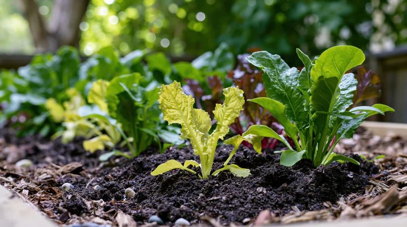 Young lettuce and leafy vegetable seedlings growing in dark soil in a raised garden bed