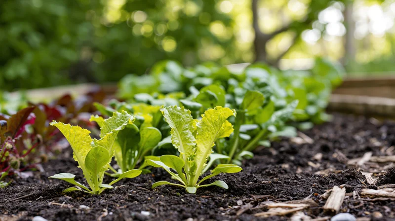 Young lettuce seedlings growing in dark soil within a raised garden bed