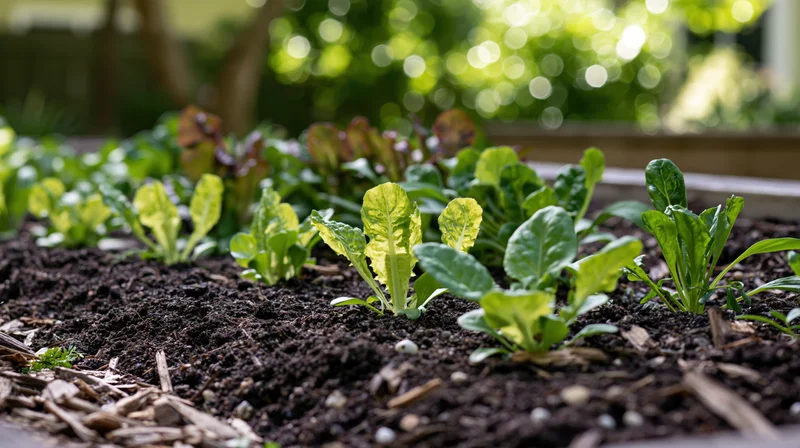 Young lettuce and leafy vegetable seedlings growing in dark soil in a raised garden bed