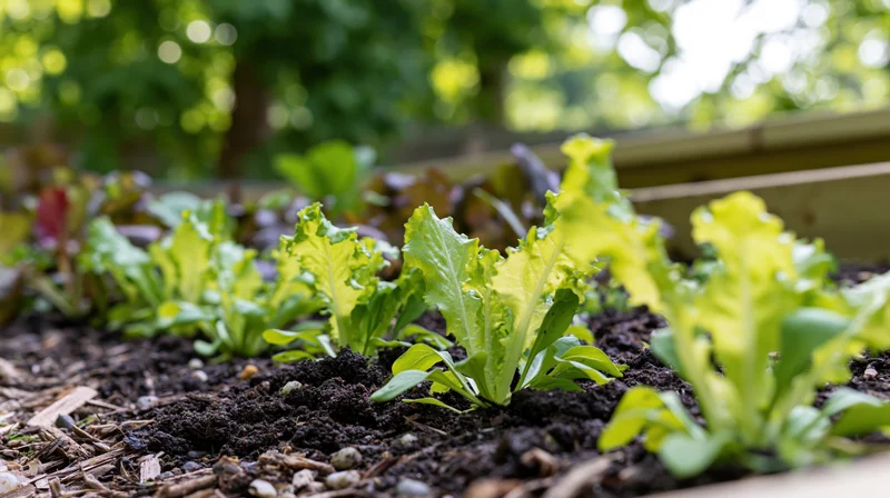 Young lettuce seedlings growing in dark soil within a raised garden bed