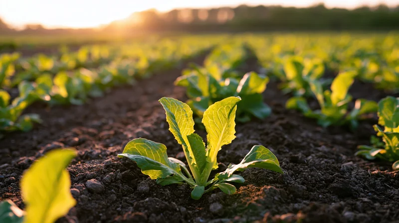 Young lettuce seedlings growing in neat rows in a field at sunrise