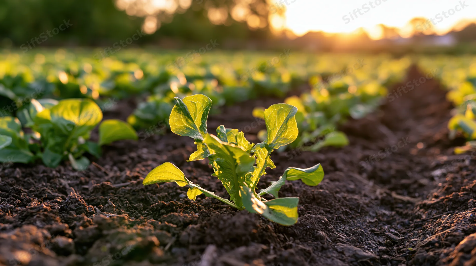 Young lettuce seedlings growing in neat rows in a field at sunset