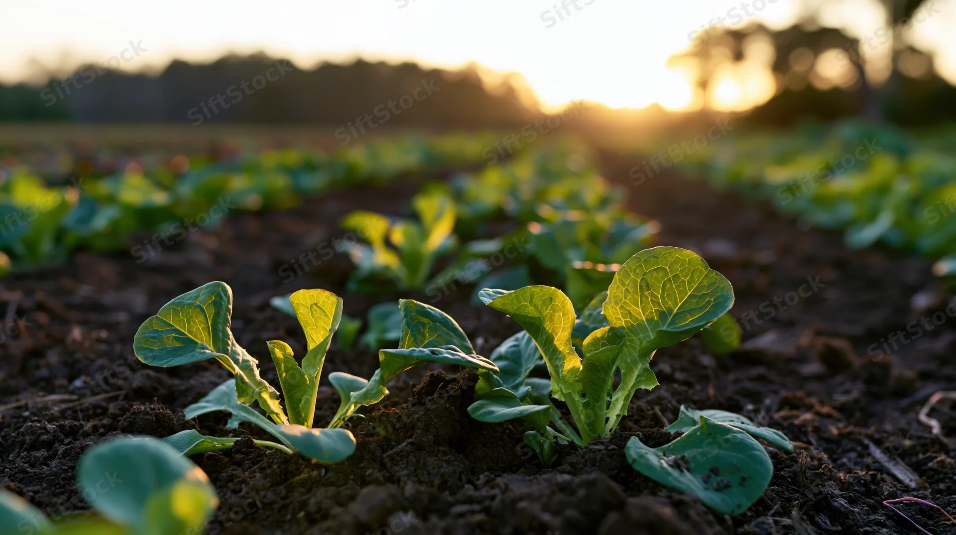Young lettuce seedlings growing in neat rows in a farm field at sunrise
