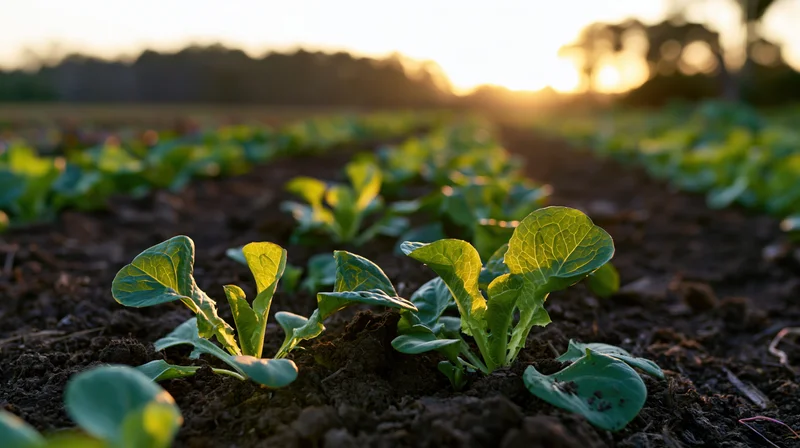 Young lettuce seedlings growing in neat rows in a farm field at sunrise