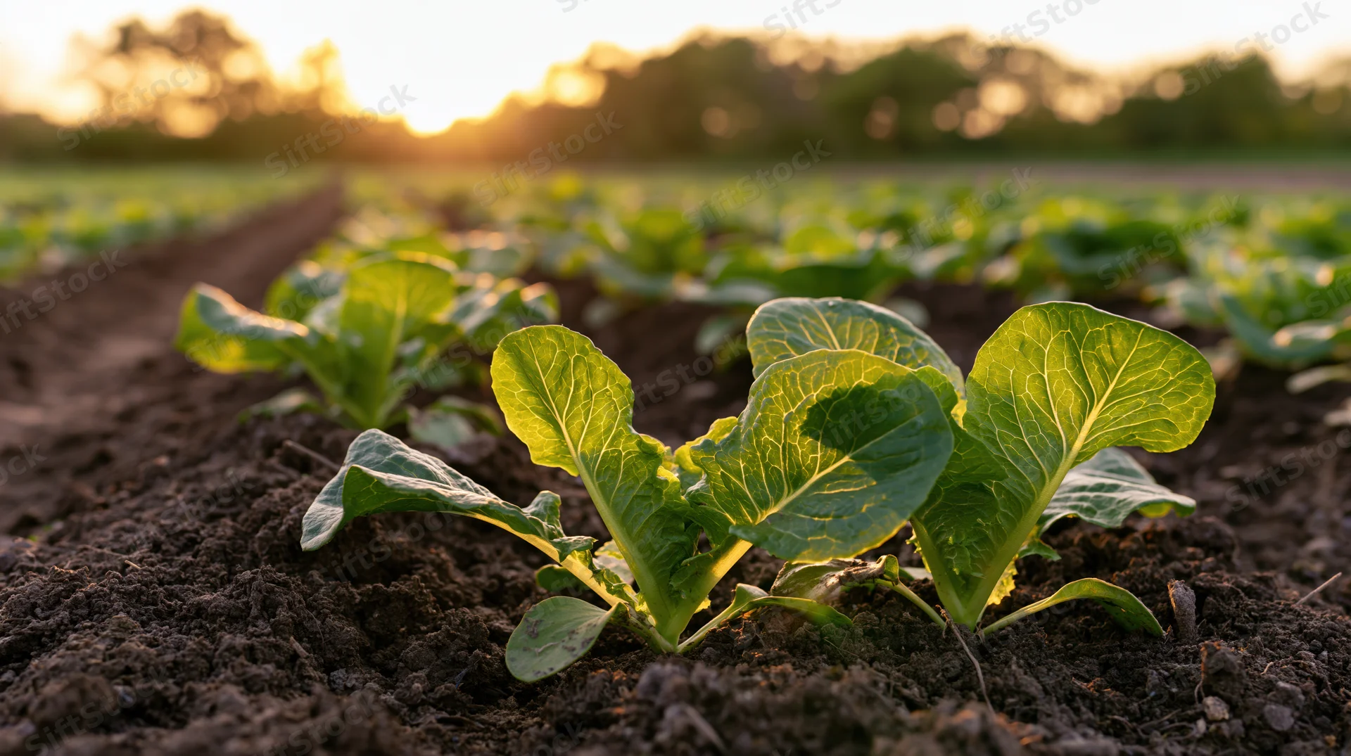 Young lettuce seedlings growing in neat rows in a farm field at sunrise