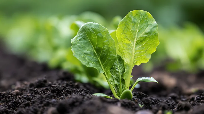 Young lettuce seedling emerging from dark moist soil in a garden bed
