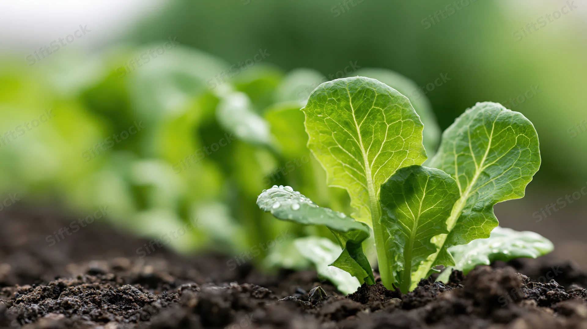 Young lettuce seedling emerging from dark moist soil in a garden row