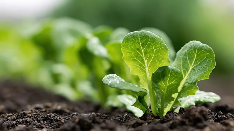 Young lettuce seedling emerging from dark moist soil in a garden row