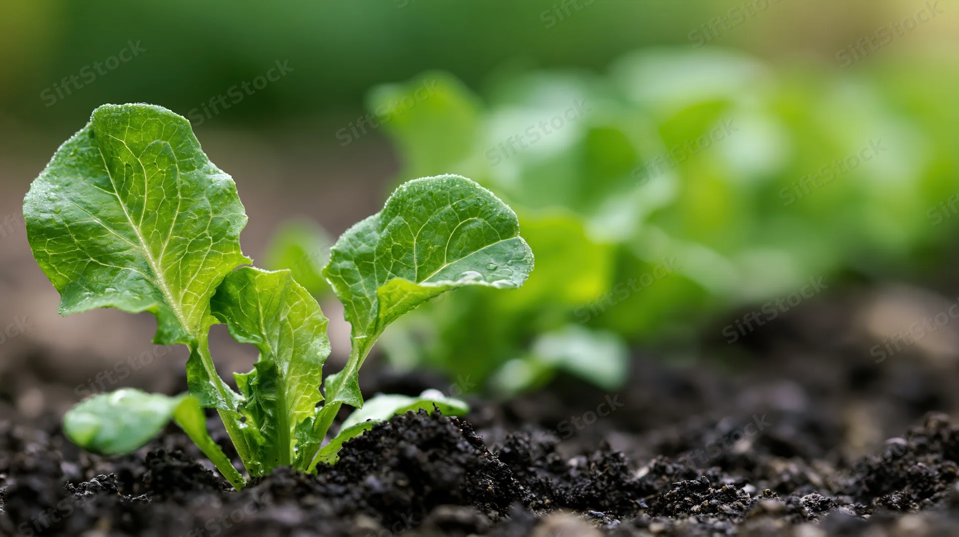 Young lettuce seedling emerging from dark moist soil in a garden bed