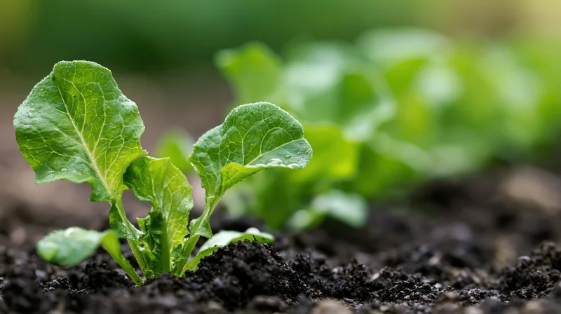Young lettuce seedling emerging from dark moist soil in a garden bed