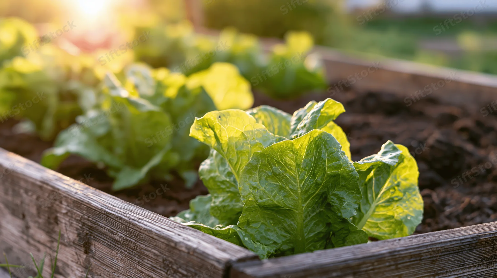 Young lettuce seedlings growing in a wooden raised garden bed outdoors in sunlight