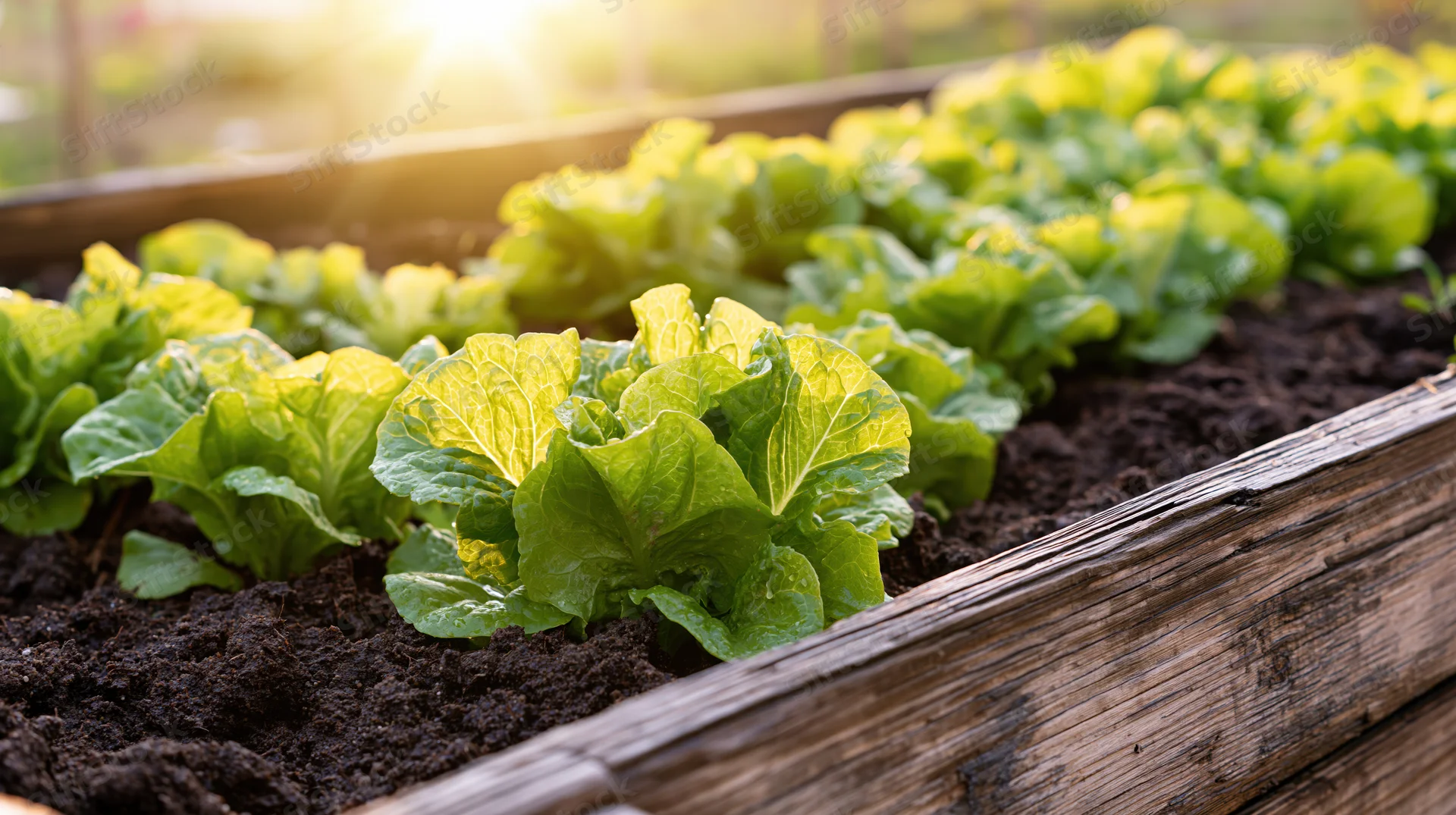 Young lettuce seedlings growing in rows in a wooden raised garden bed outdoors in sunlight