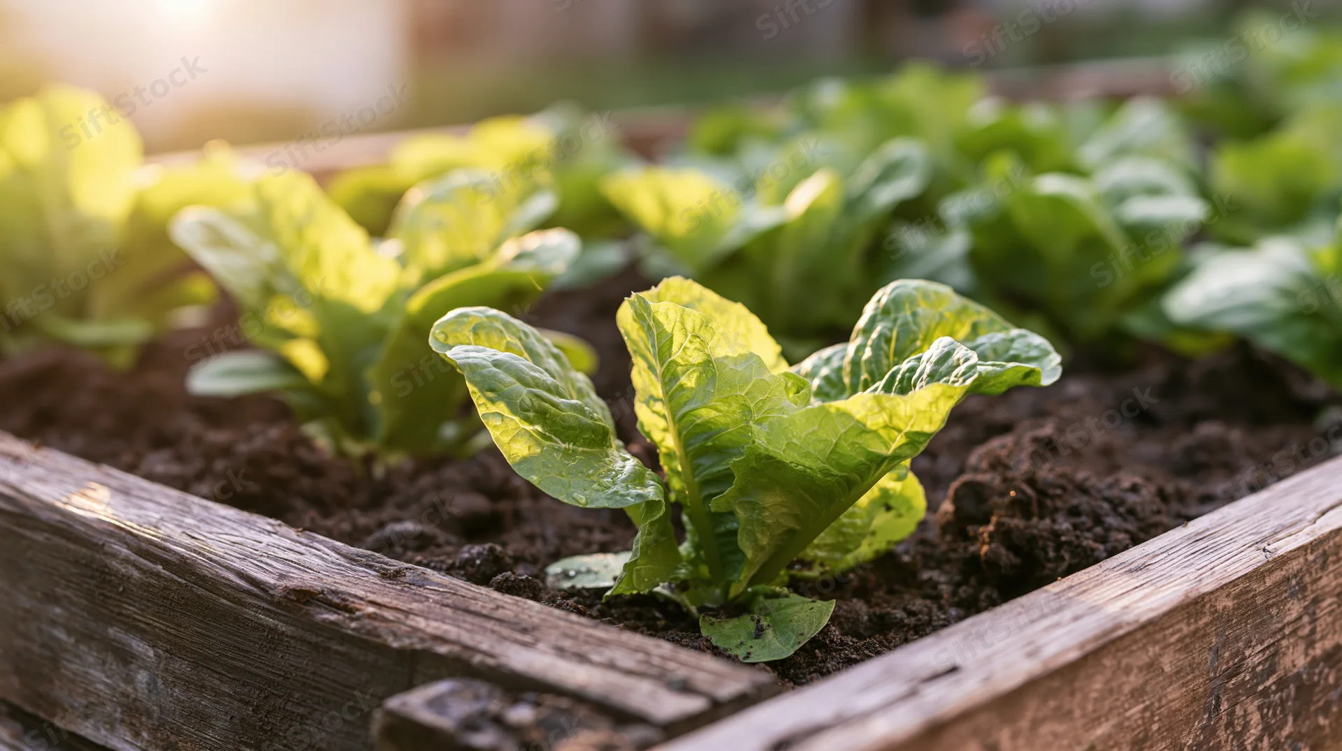 Young lettuce seedlings growing in a wooden raised garden bed outdoors