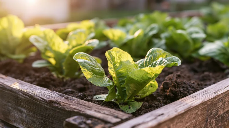 Young lettuce seedlings growing in a wooden raised garden bed outdoors