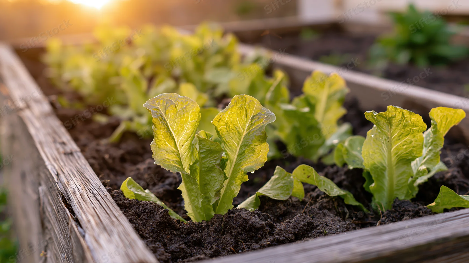 Young lettuce seedlings growing in a wooden raised garden bed at sunrise