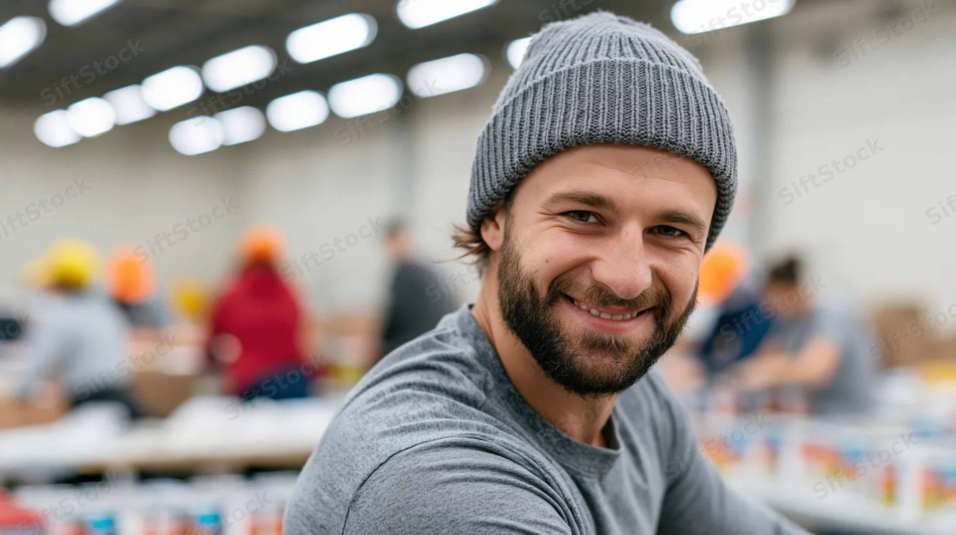 Smiling man in grey beanie and longsleeve shirt in warehouse setting with colleagues and supplies in background