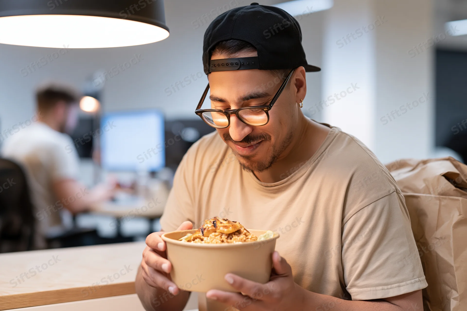 Young man with glasses and black cap eating takeout from a paper bowl at office desk