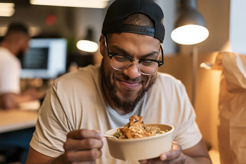 Man eating takeout meal from a bowl in an office setting