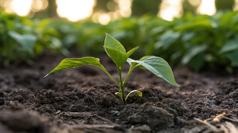 Young pepper seedling emerging from dark tilled soil in a garden field
