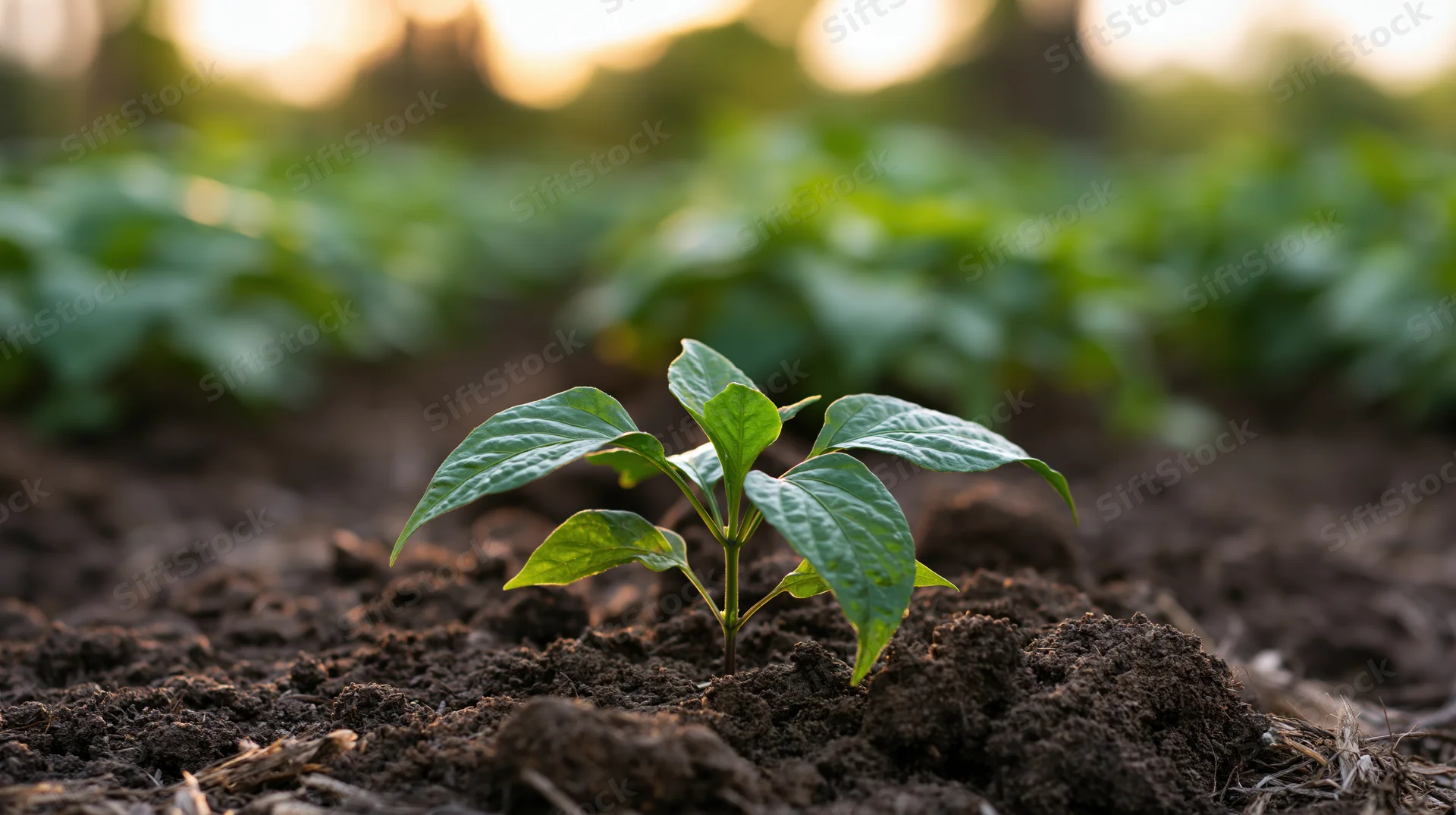 Young pepper seedling emerging from dark tilled soil in a garden field