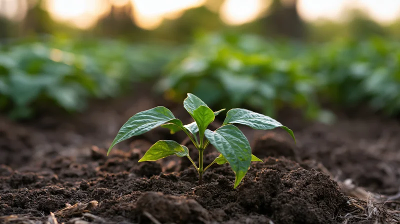 Young pepper seedling emerging from dark tilled soil in a garden field