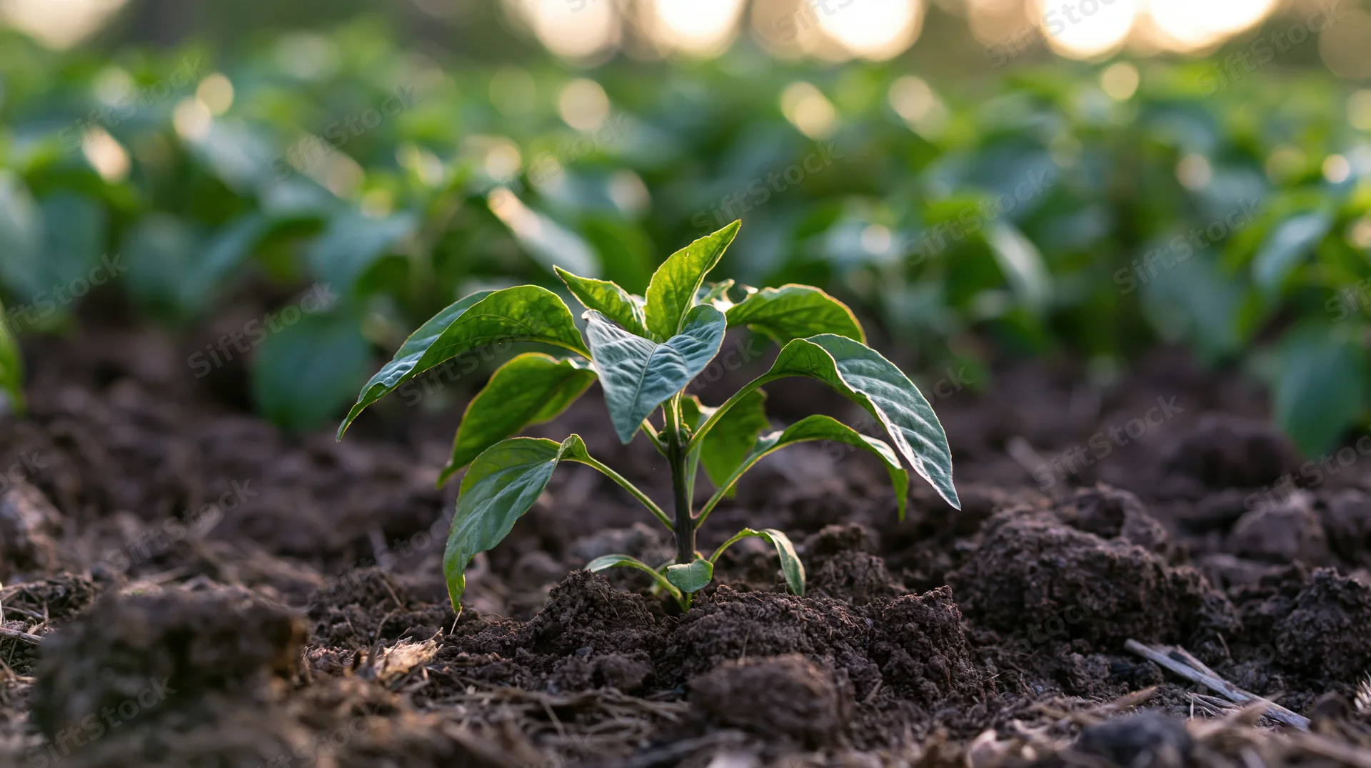 Young pepper seedling emerging from dark tilled soil in a garden field