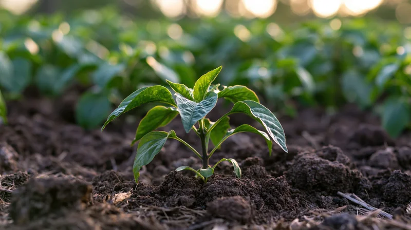 Young pepper seedling emerging from dark tilled soil in a garden field
