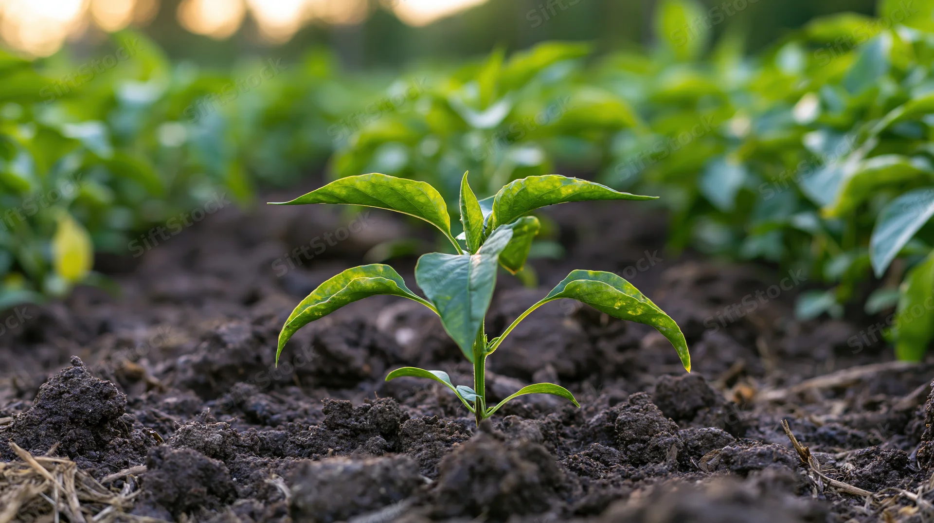 Young pepper seedling sprouting from dark tilled soil in a garden field
