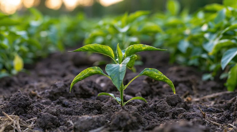 Young pepper seedling sprouting from dark tilled soil in a garden field