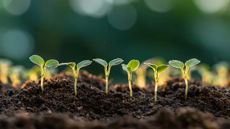 Young seedlings sprouting from dark mounded soil in a row
