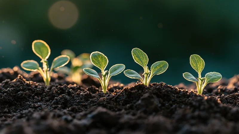 Row of young seedlings sprouting from dark mounded soil in a garden