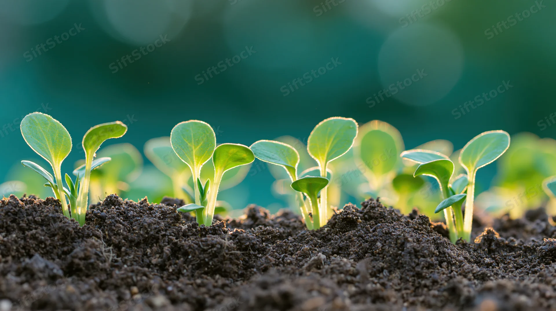 Young seedlings sprouting from dark mounded soil in a garden setting