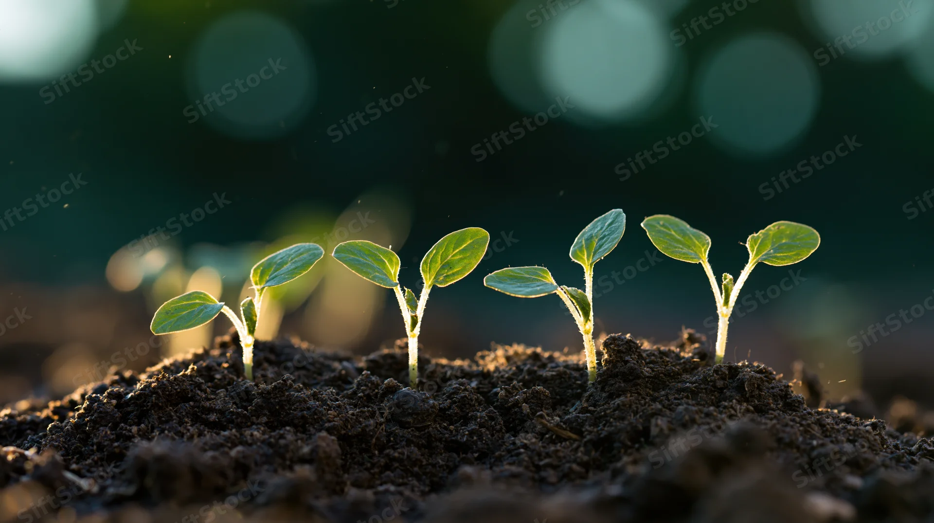 Young seedlings sprouting from dark mounded soil in natural light