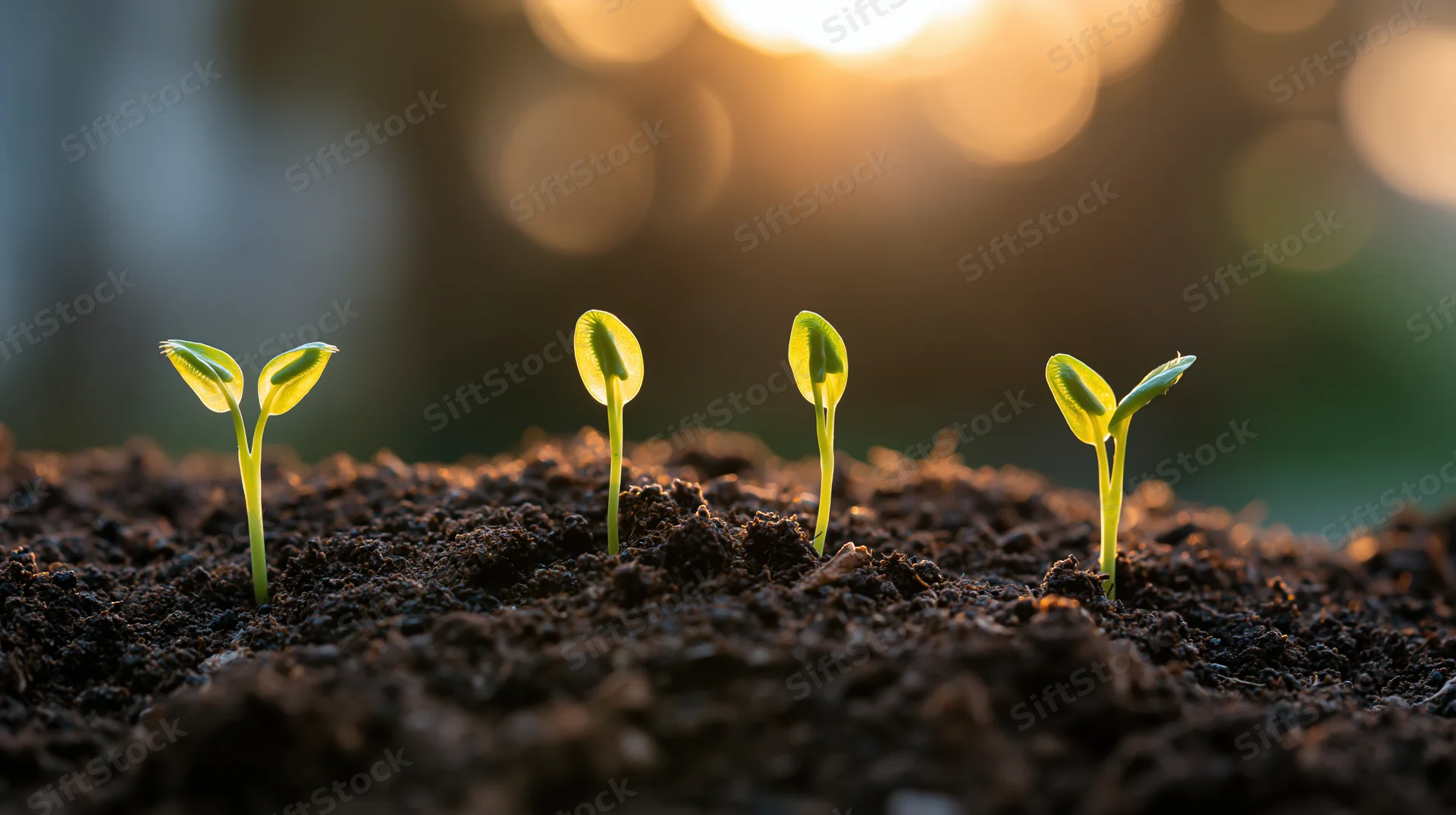 Young seedlings sprouting from dark rich soil in a garden at sunrise