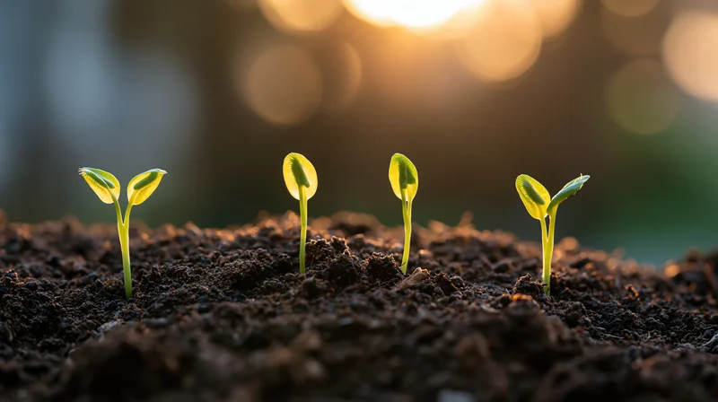 Young seedlings sprouting from dark rich soil in a garden at sunrise