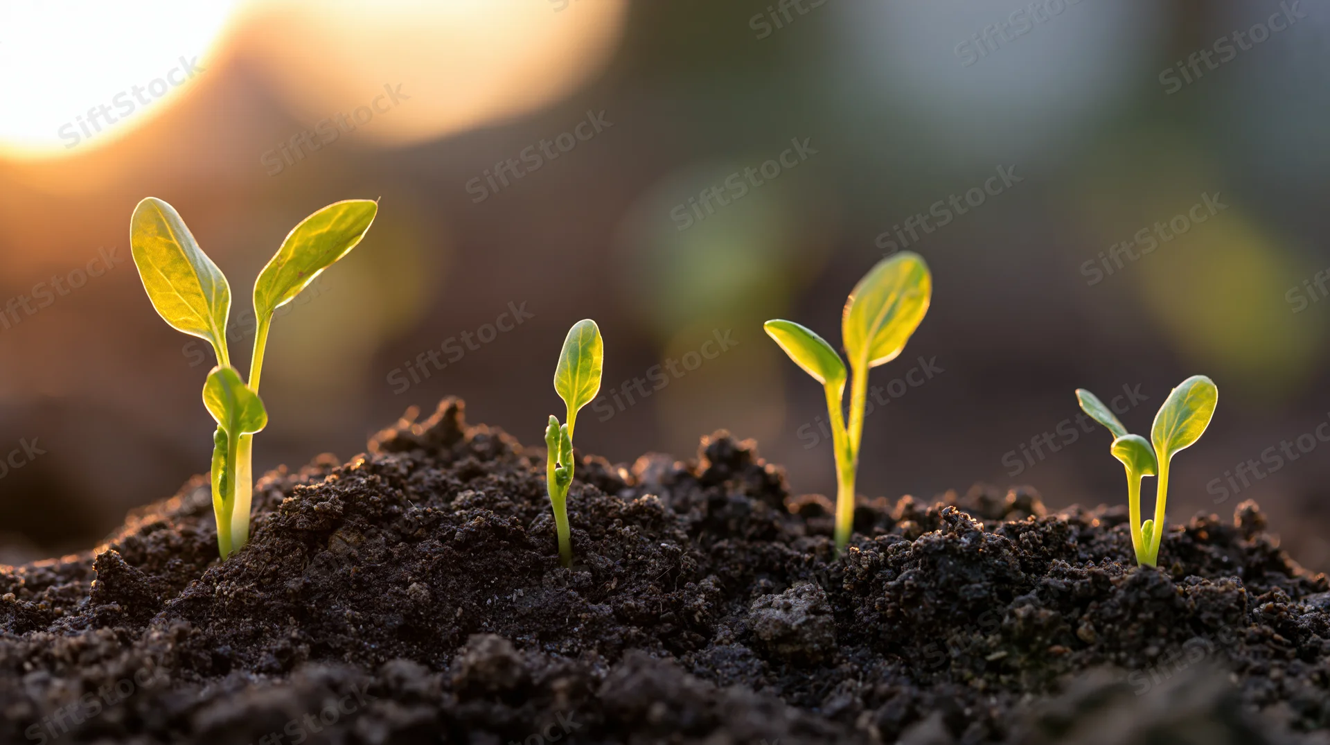 Young seedlings sprouting from dark rich soil in morning light