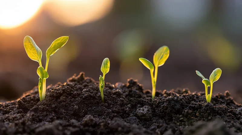 Young seedlings sprouting from dark rich soil in morning light